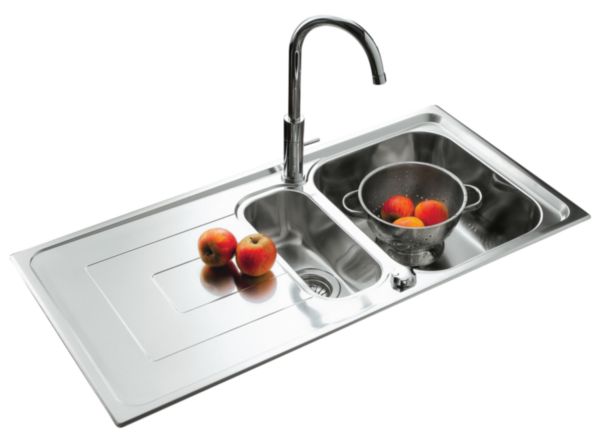 Évier inox PORTOFINO lisse, à encastrer, 1 cuve ½ 1 égouttoir, vidage automatique