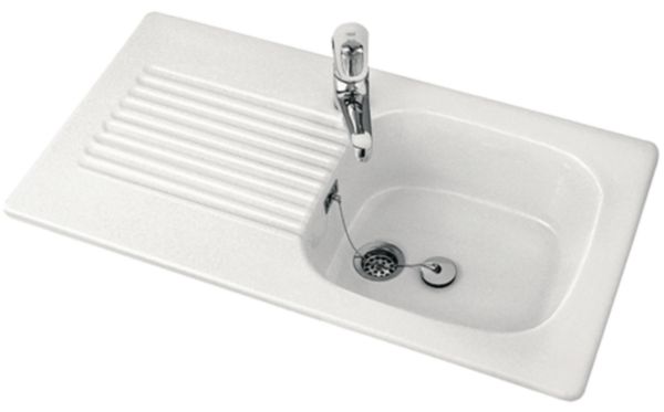 Évier céramique VERS'EAU blanc, à encastrer, 1 cuve 1 égouttoir, vidage à chaînette