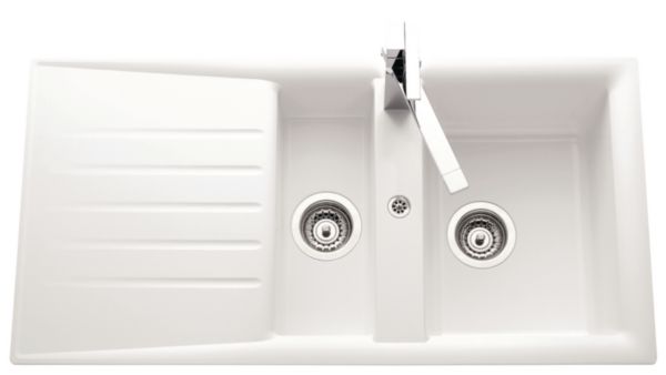 Evier NATURE Primeo 2 98x50cm 1 1/2 cuve 1 égouttoir bonde D90mm réversible blanc