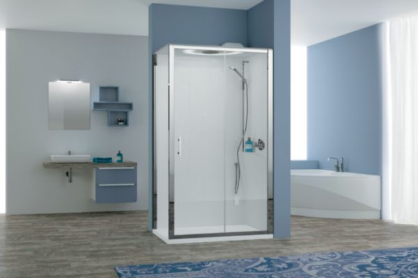 Cabine hydromassante EON accès de face paroi fixe + porte coulissante