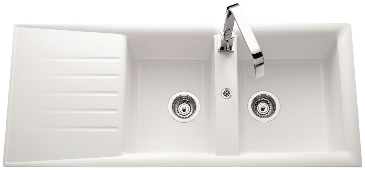 Evier NATURE Primeo 2 116x50cm 2 cuves 1 égouttoir bonde D90mm réversible blanc