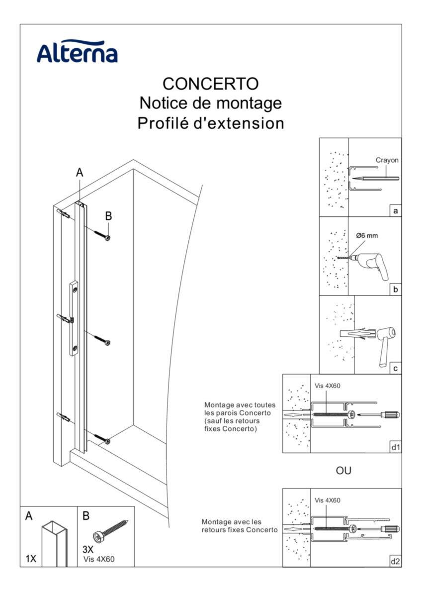 Notice De Montage Porte De Douche Coulissante ALTERNA - Profilé de compensation pour paroi de douche Alterna Concerto  blanc | Cedeo