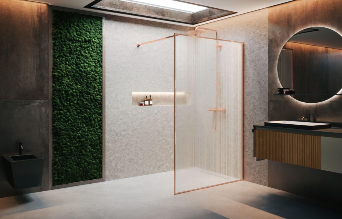 Paroi Walk-In avec encadrement Hart Hp 90 extensibilité 87-88,5 cm verre trempé flute profilés Chrome Noir Brillant Réf : HARTHP90-94L