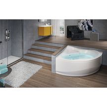 Baignoire d'angle UNA 135x135cm hydro, avec châssis, tablier, vidage automatique + remplissage, commande on/off, réglage air/eau, injecteurs whirpool 6 jets chromés, blanche réf. UNA5135135OE-A1K
