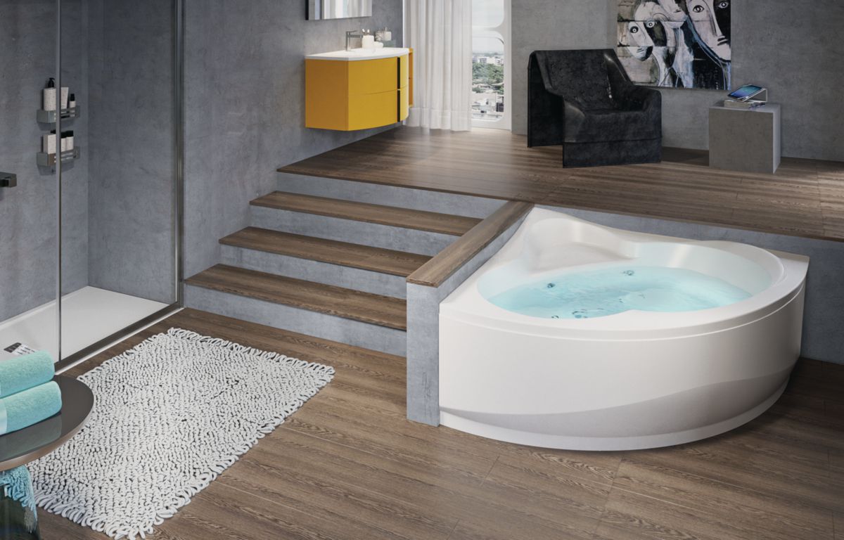 Baignoire d'angle UNA 135x135cm hydro, avec châssis, tablier, vidage automatique + remplissage, commande on/off, réglage air/eau, injecteurs whirpool 6 jets chromés, blanche réf. UNA5135135OE-A1K