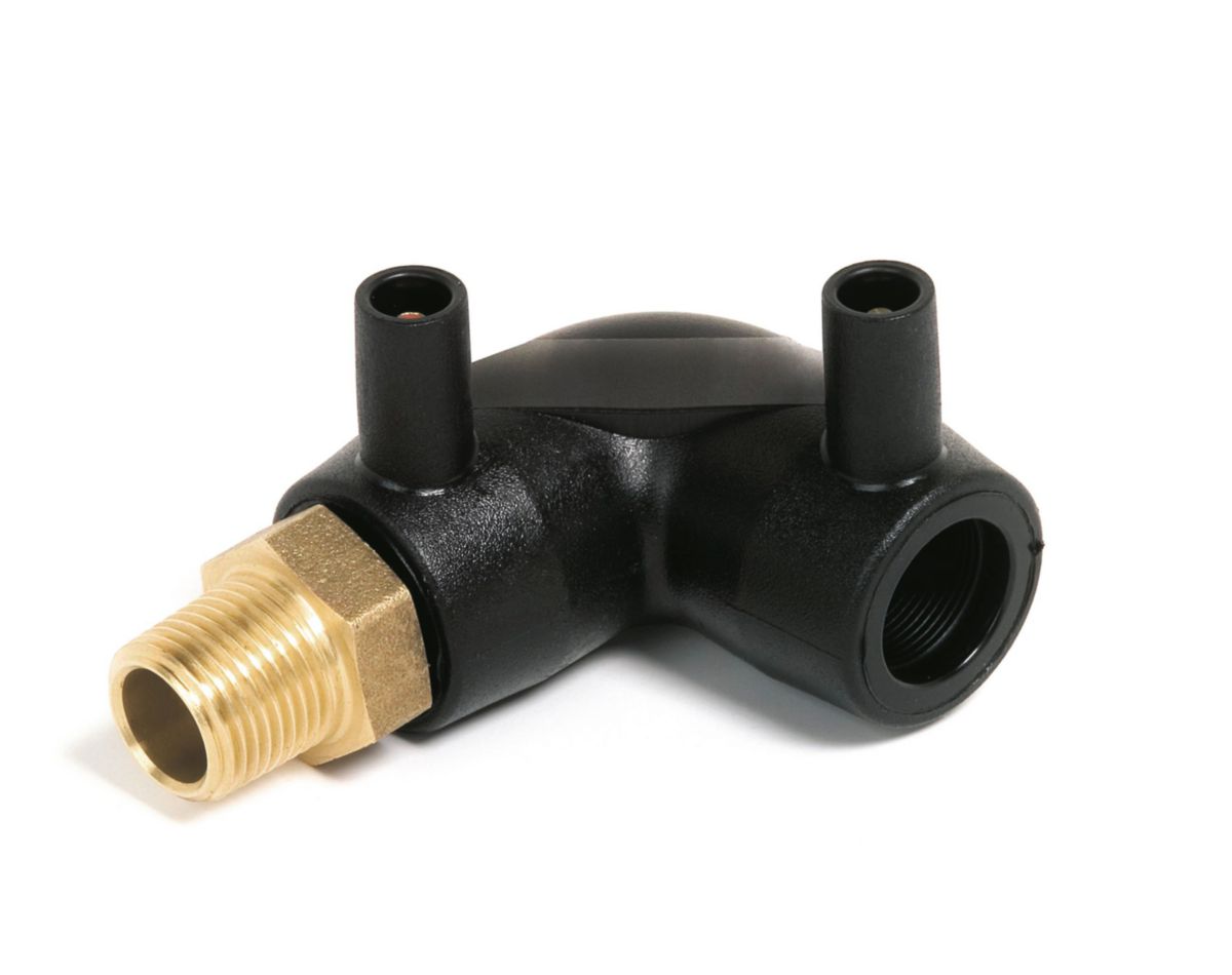 Coude 90° mâle électrosoudable noir, filetage laiton. Matière: polyéthylène PE 100, stabilisé UV. Température limite d'utilisation: +50°C.