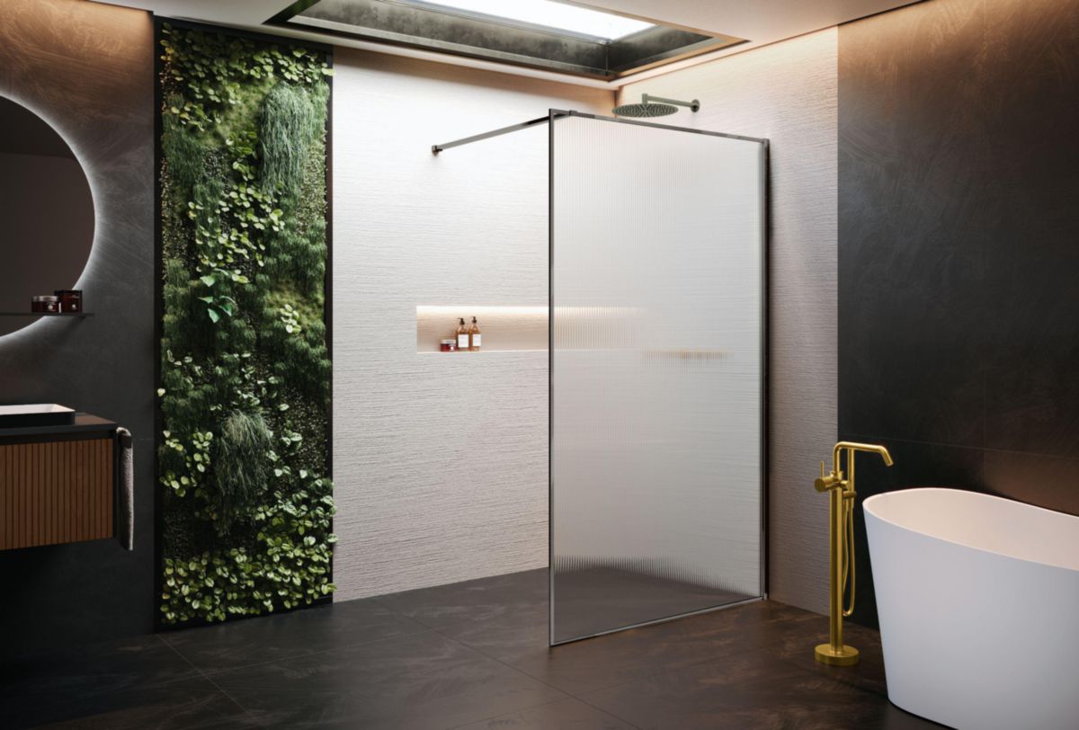 Paroi Walk-In avec encadrement Hart Hp 90 extensibilité 87-88,5 cm verre trempé flute profilés Chrome Noir Brillant Réf : HARTHP90-94L