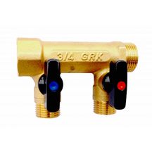 Collecteur mf 20x27 entraxe 50mm 2 derivations mini-vannes integrees male 15X21 réf 9581A