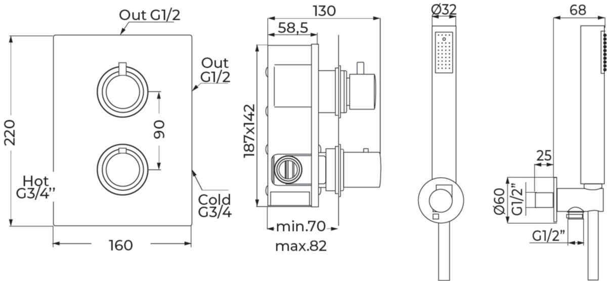 Thermostatique douche Alterna Design chromé avec kit douchette, encastré vertical avec corps d'encastrement