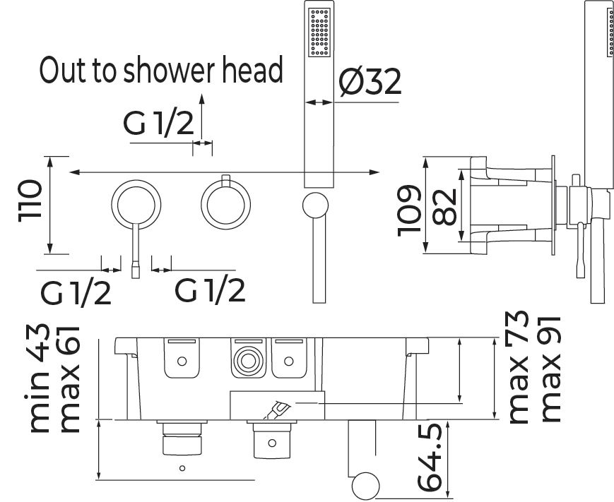 Mitigeur mécanique douche Alterna Design chromé, encastré horizontal avec corps d'encastrement