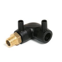 Coude 90° mâle électrosoudable noir, filetage laiton. Matière: polyéthylène PE 100, stabilisé UV. Température limite d'utilisation: +50°C.