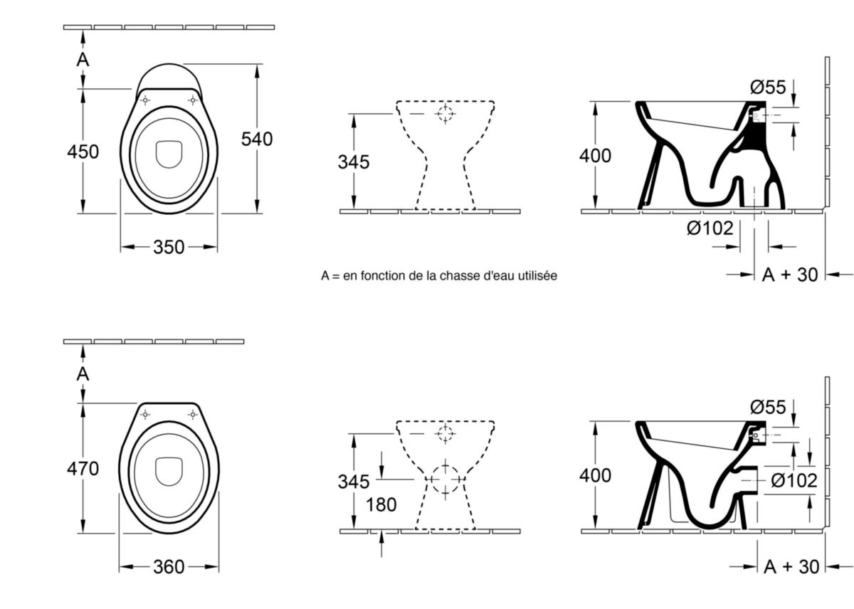 VILLEROY ET BOCH Cuvette VOLTA blanche à fond creux 35x54