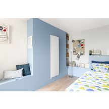 Radiateur eau chaude Acova Fassane vertical double, puissance 748W (dT50), hauteur 1600 mm, largeur 296 mm, 4 éléments, raccordement excentré par le bas, Aller/Retour réversible, appareil réversible Haut/Bas, Blanc RAL 9016 Réf. HXD-160-029