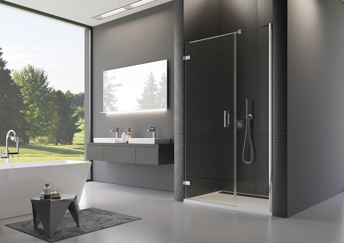 PUR - Porte pivotante avec fermeture surparoi fixe en ligne -  avec profilé mural de compensation et barre de stabilisation - ouverture ext. - pivot droit  - 1