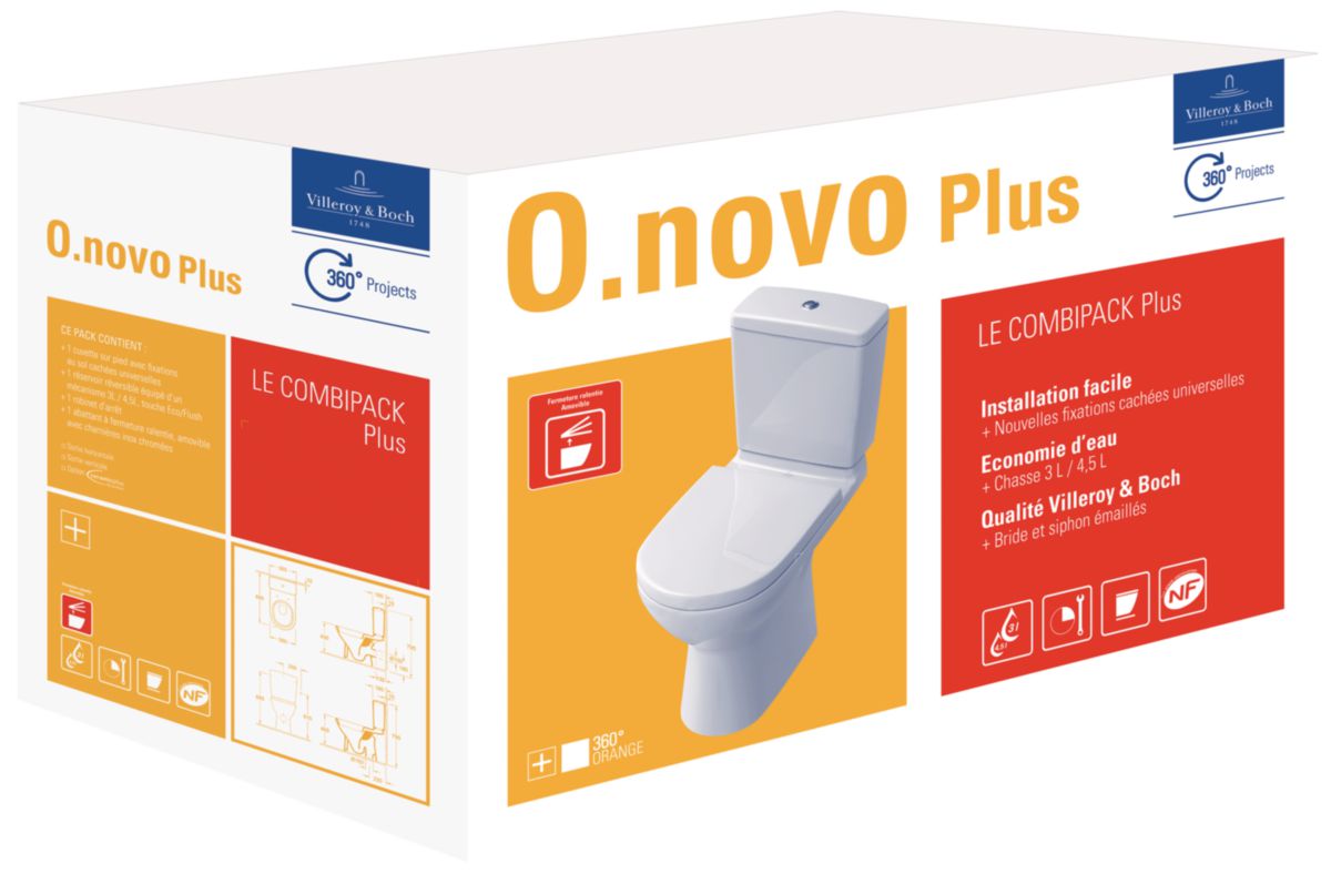 VILLEROY ET BOCH Pack WC sur pied O.NOVO PLUS avec cuvette à sortie verticale et abattant