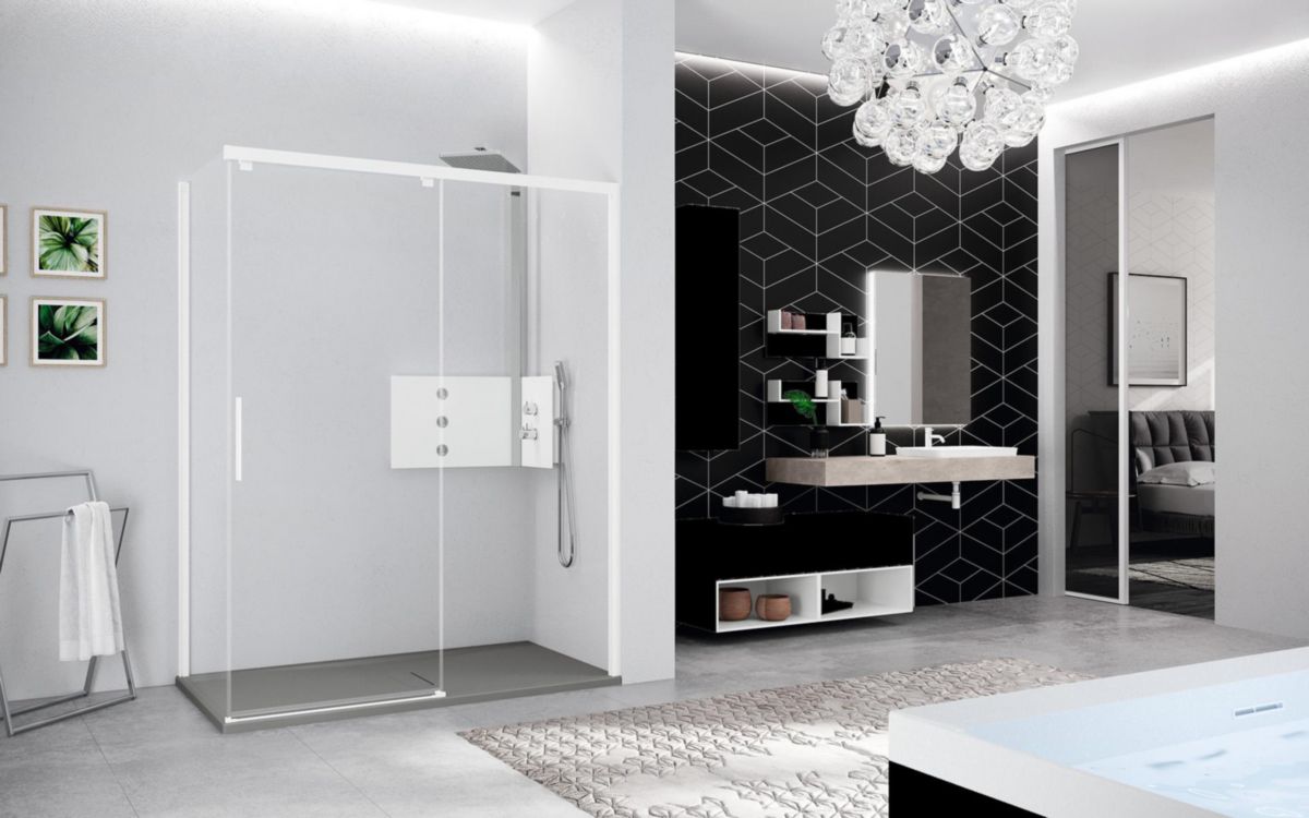 Paroi de douche KUADRA 2.0 porte fixe en aluminium et verre transparent  119-121 cm profilé blanc mat réf : K2FH119-1U