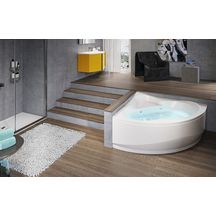 Baignoire d'angle UNA 135x135cm hydro, avec châssis, tablier, vidage automatique + remplissage, commande on/off, réglage air/eau, injecteurs whirpool 6 jets chromés, blanche réf. UNA5135135OE-A1K