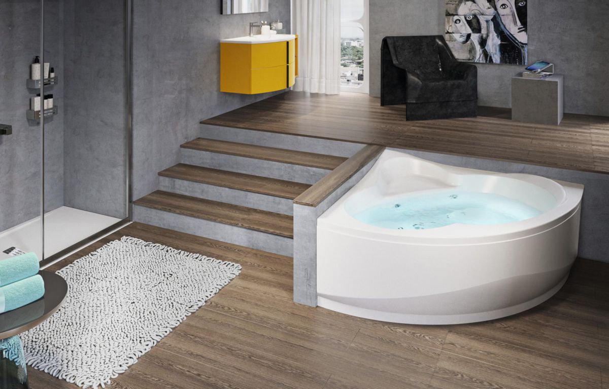 Baignoire d'angle UNA 135x135cm hydro, avec châssis, tablier, vidage automatique + remplissage, commande on/off, réglage air/eau, injecteurs whirpool 6 jets chromés, blanche réf. UNA5135135OE-A1K