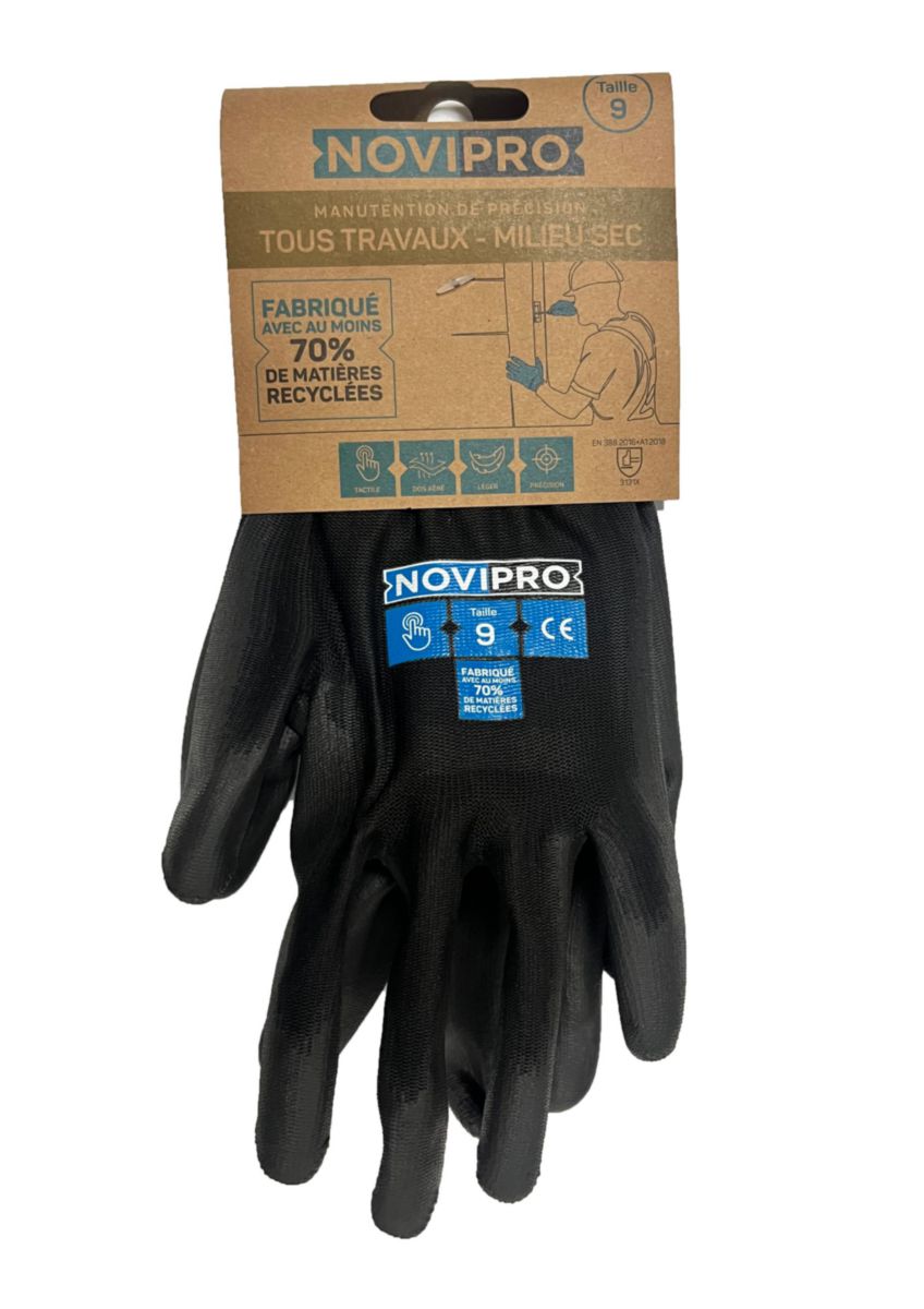 Paquet. 12 Grands Gants Noirs En Nylon Polyuréthane Taille 9