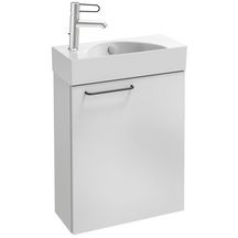 Meuble sous lave-mains. L48,5 x P21,3 x H59,1 cm. 1 porte à fermeture ralentie. Charnières à droite. A commander avec le lave-mains EGO112-56. Mélaminé brillant Blanc Réf. EB2581D-R9-N18