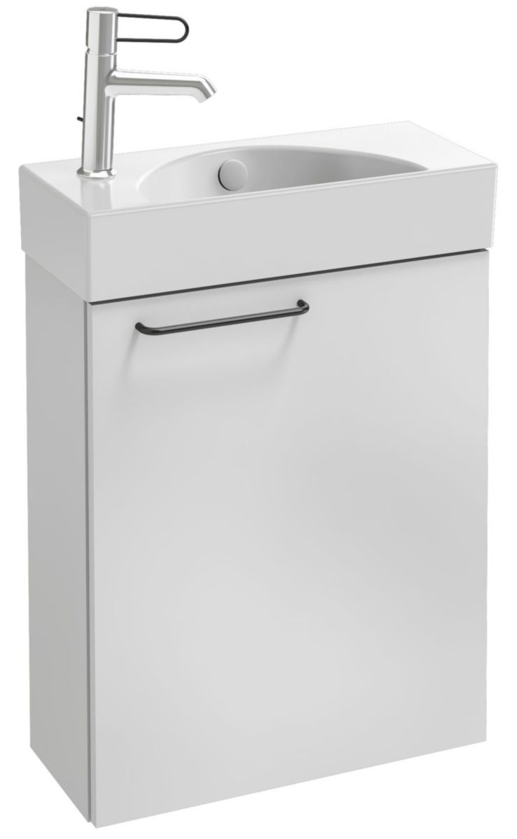 Meuble sous lave-mains. L48,5 x P21,3 x H59,1 cm. 1 porte à fermeture ralentie. Charnières à droite. A commander avec le lave-mains EGO112-56. Mélaminé brillant Blanc Réf. EB2581D-R9-N18