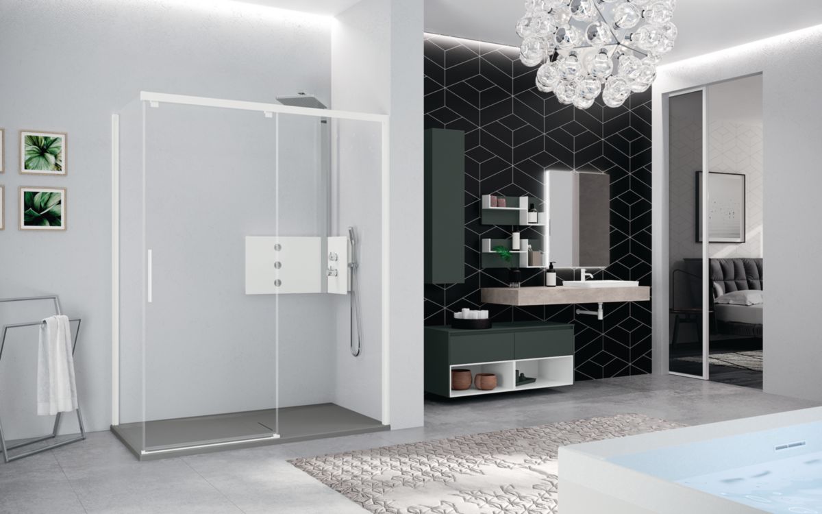 Paroi de douche KUADRA 2.0 porte fixe en aluminium et verre transparent  119-121 cm profilé blanc mat réf : K2FH119-1U