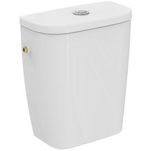 Réservoir Ulysse en porcelaine vitrifiée blanc, à alimentation latérale (sur le côté). Silencieux, soupape double chasse 3/6L. Set de fixation cuvette/réservoir. Réf. P018901