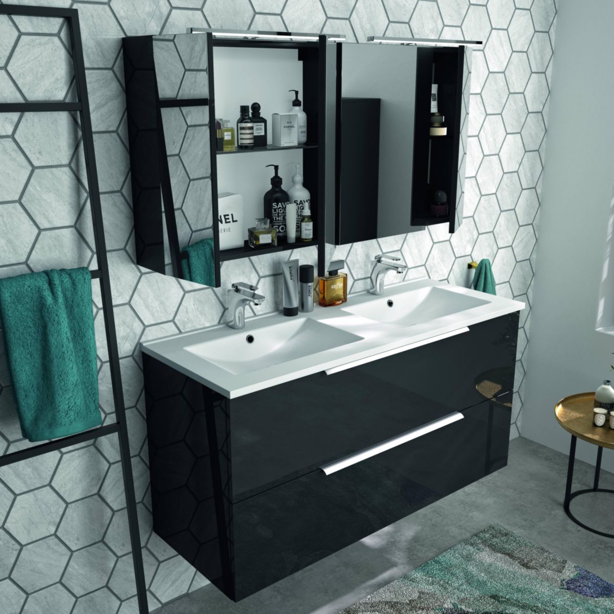 NEOVA Armoire de toilette l80 cm mélaminé blanc brillant 2 faces