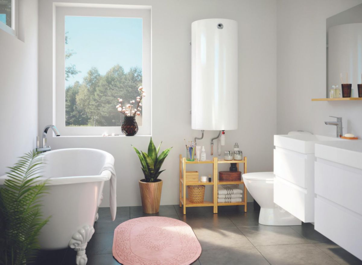 Chauffe-eau électrique DURALIS ACI Hybride 100L horizontal mural raccordement dessous monophasé (transformable en triphasé avec kit) livré avec 1 raccord diélectrique 3/4'' Réf. 263124