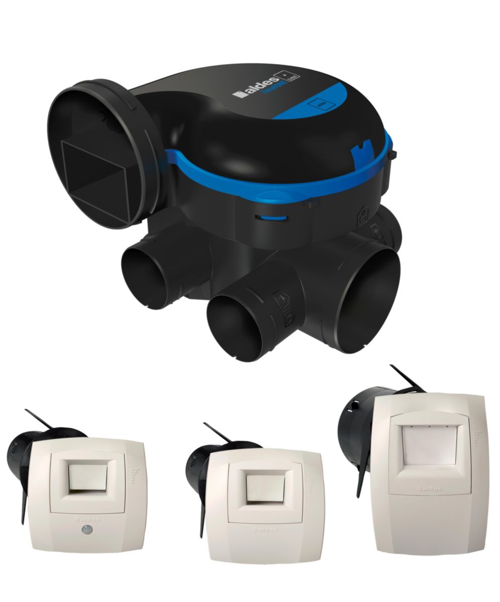Kit VMC simple flux EasyHOME Hygroréglable COMBLES Classic livré avec 3 bouches Bahia Curve. 11033031