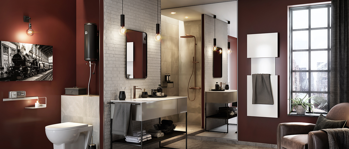 Solution de salle de bain CEDEO intime en T de style industriel avec wc aux murs rouge foncé Solution de salle de bain CEDEO intime en T de style industriel avec wc aux murs rouge foncé