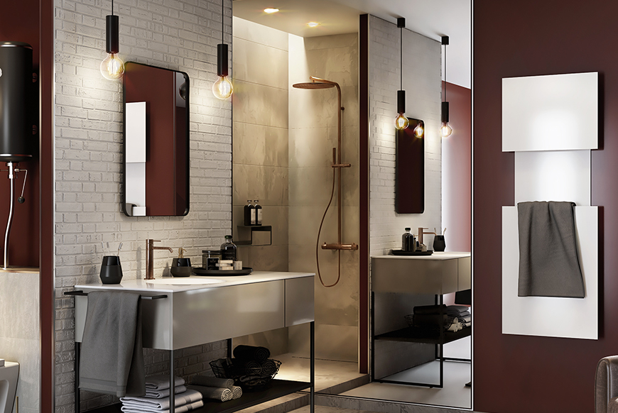 Douche à l’italienne et meuble vasque CEDEO éclairé par suspensions dans un style industriel