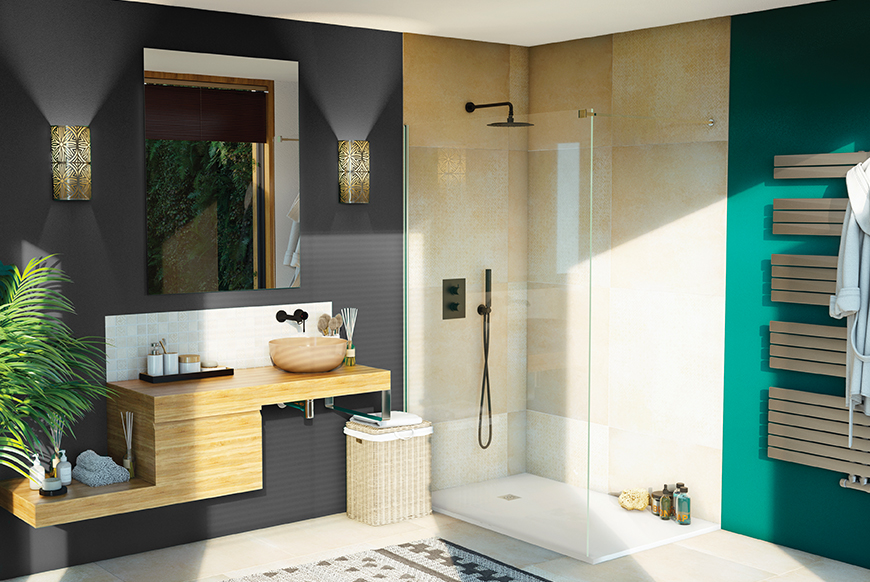 Salle de bain verte Alterna de style exotique avec meuble en bois, panier et plante verte