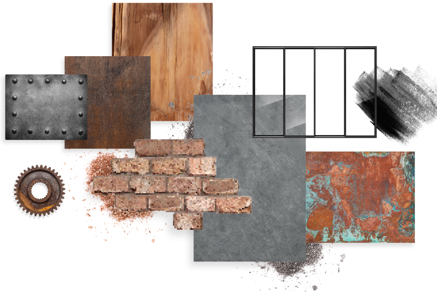 Moodboard style industriel pour salle de bain intime en T avec du matières brutes